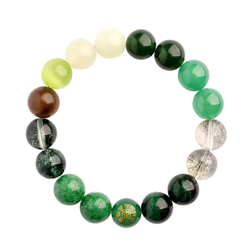 A polished agate energy bracelet showing natural stone beads in one of five colours, with decorative auspicious symbol charms.