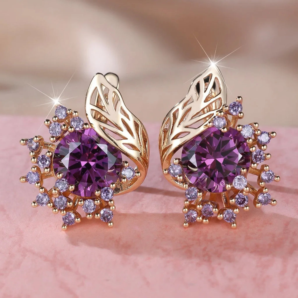 Round flowers feather zircon earrings with electroplated champagne gold finish and colourful diamond accents