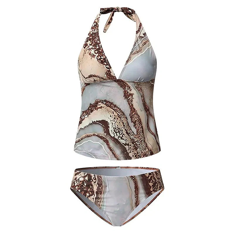 Women's personalised split bikini swimsuit in brown polyester fabric, available in sizes S to XXL with a 2-3cm tolerance for manual measurement differences