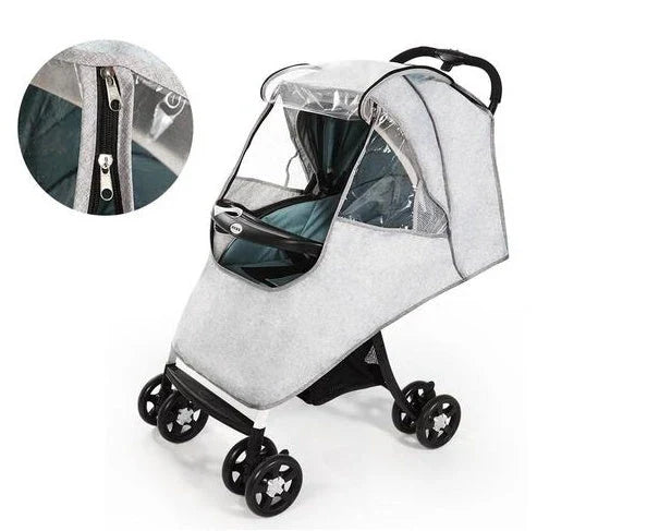 Universal baby stroller cover in blue, gray, and pink options