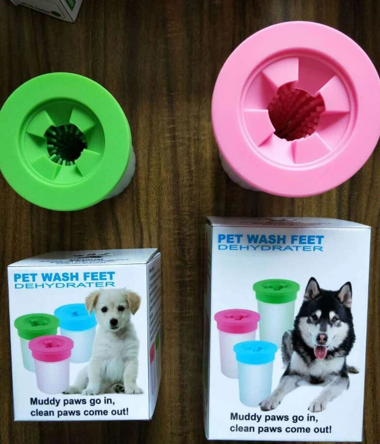 Premium Silicone Dog Paw Washer Cup in pink, blue, and green colors for easy and gentle cleaning of your dog's paws