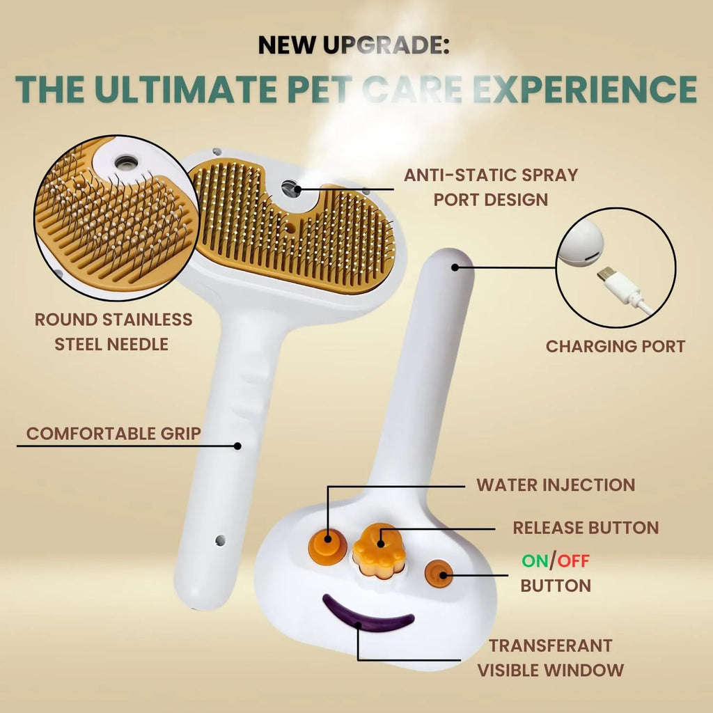 White pet grooming brush with steam spray function and self-cleaning mechanism for dogs and cats