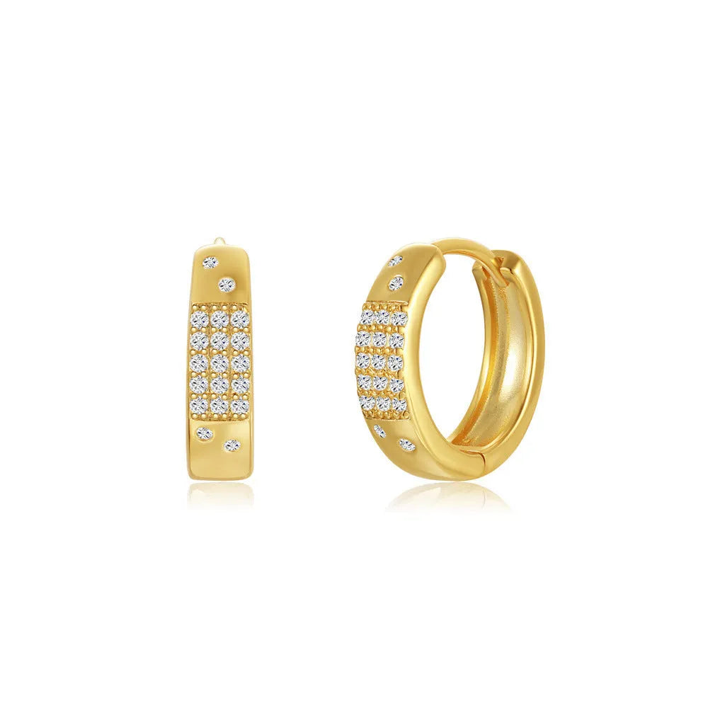 Geometric brass diamond earclip earrings with round elements in golden electroplated finish