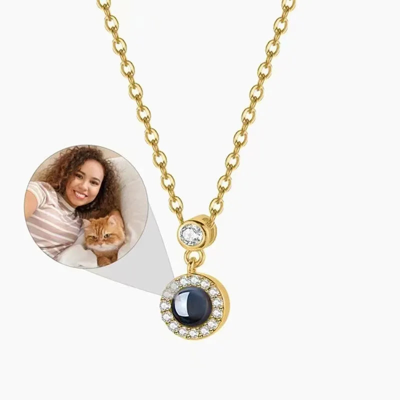 Round copper pendant with nano micro-engraved text and photo projection, multi-layer cross chain, women's jewellery