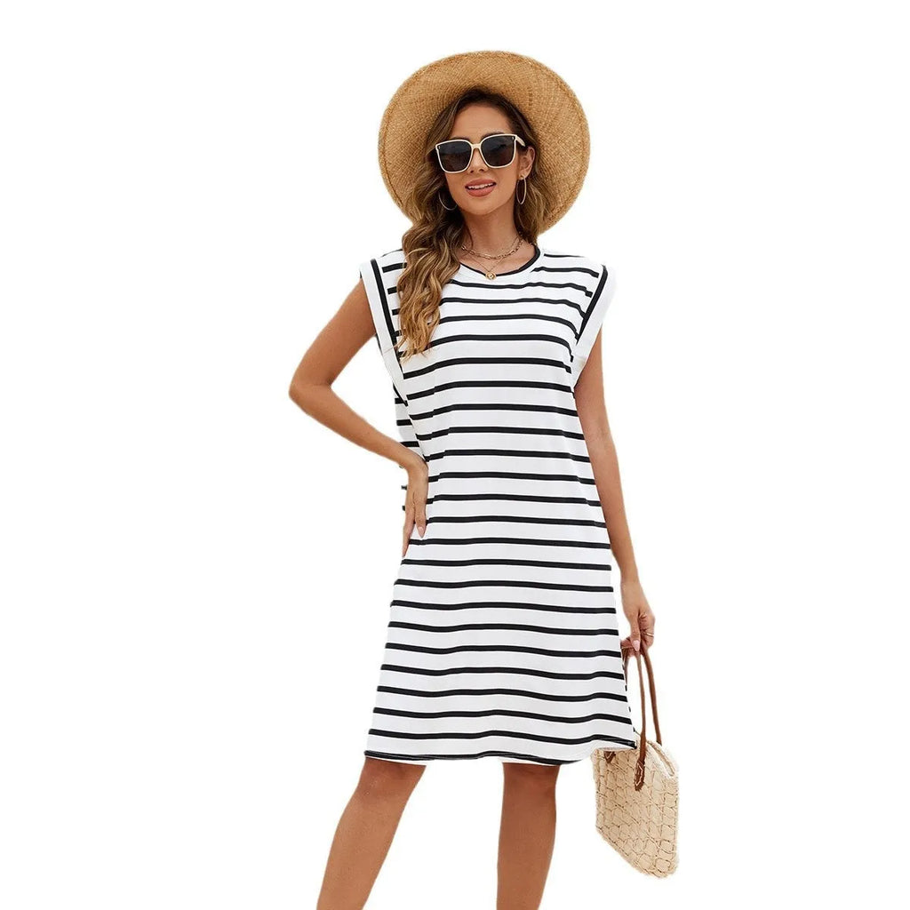 Women's black and white striped beach cover-up blouse made from polyester fabric with free size fit