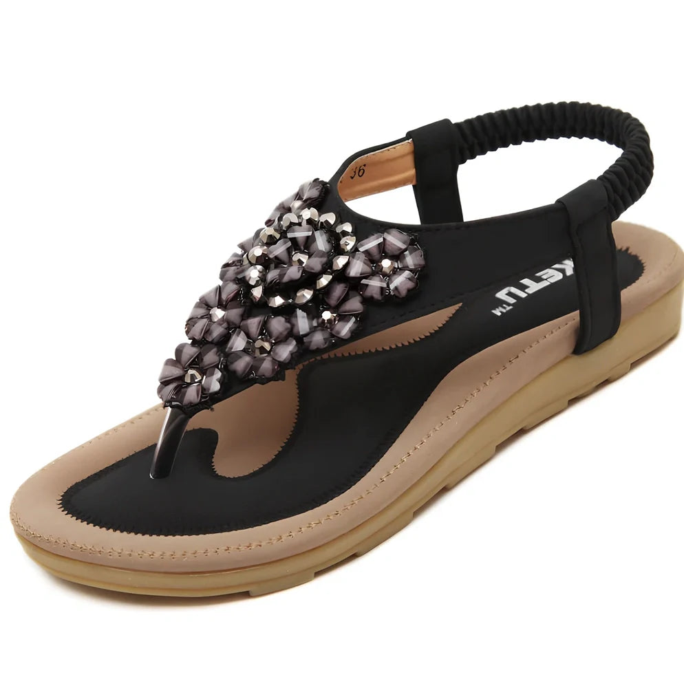 Women's flat sandals in pink with rhinestone flowers, elastic ankle strap, PU upper, size 38, 0-3cm heel for summer casual wear