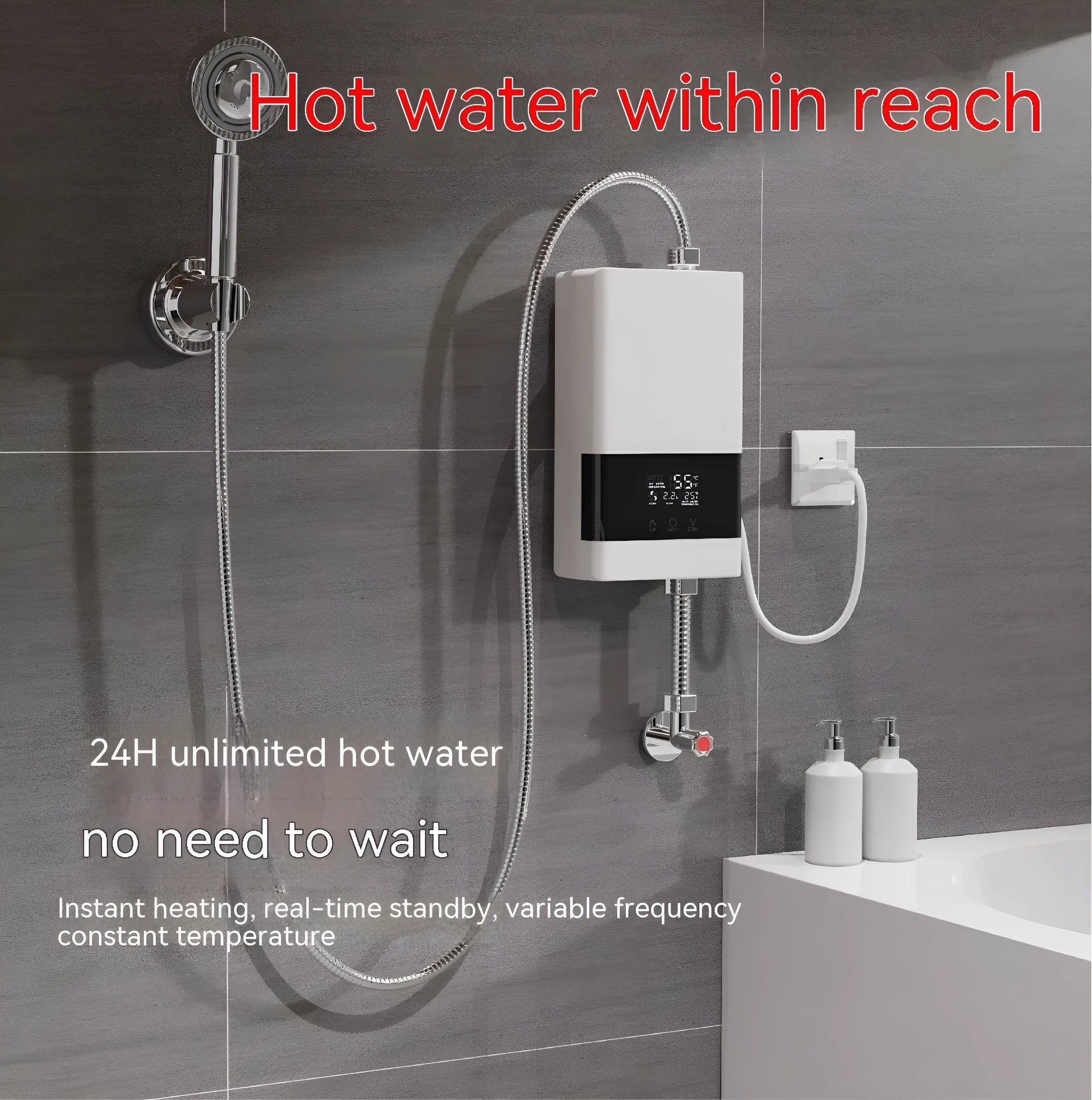 Gold instantaneous electric water heater unit with a separate white touch remote control and LED display