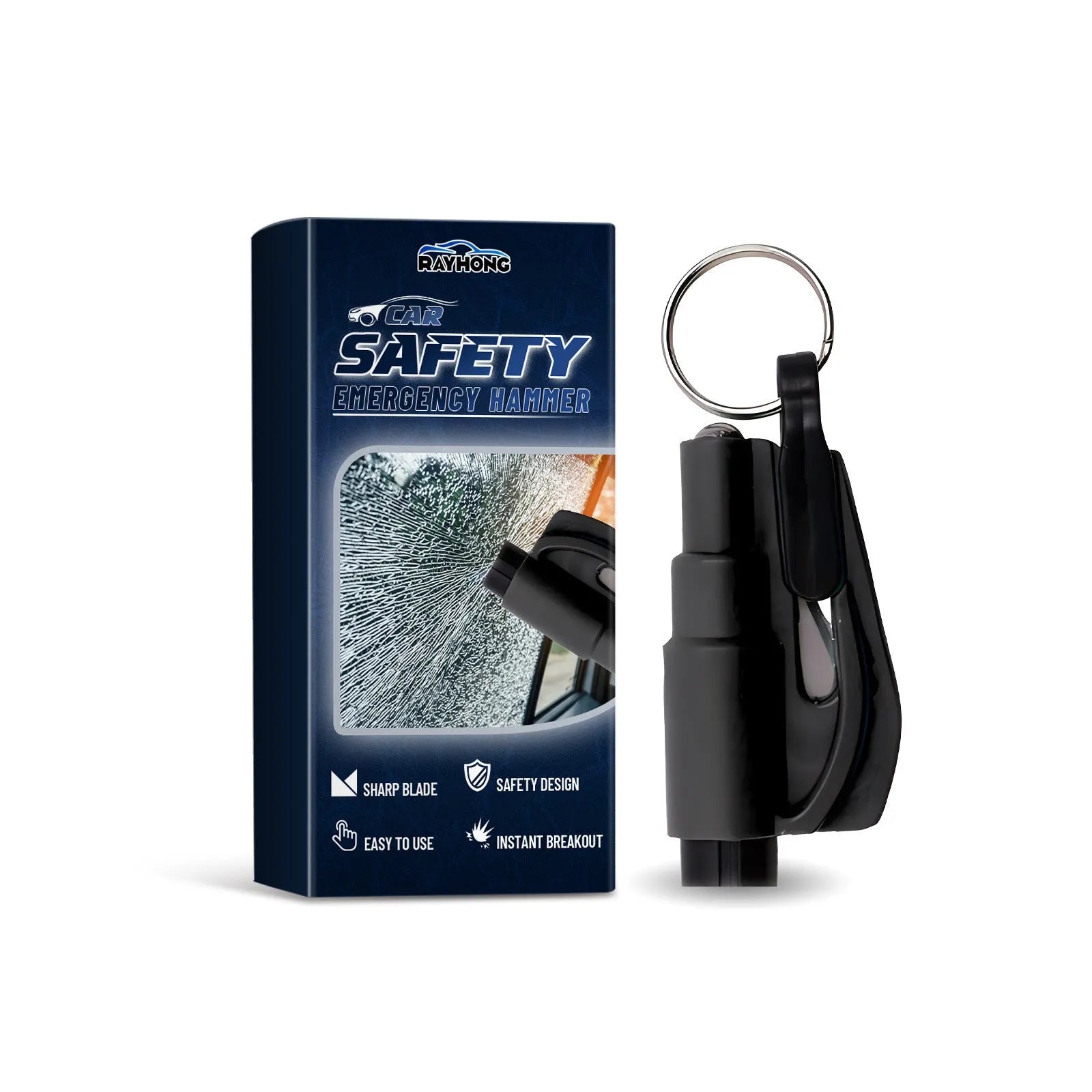Compact orange and black car emergency glass hammer with seatbelt cutter, showing size compared to a hand.