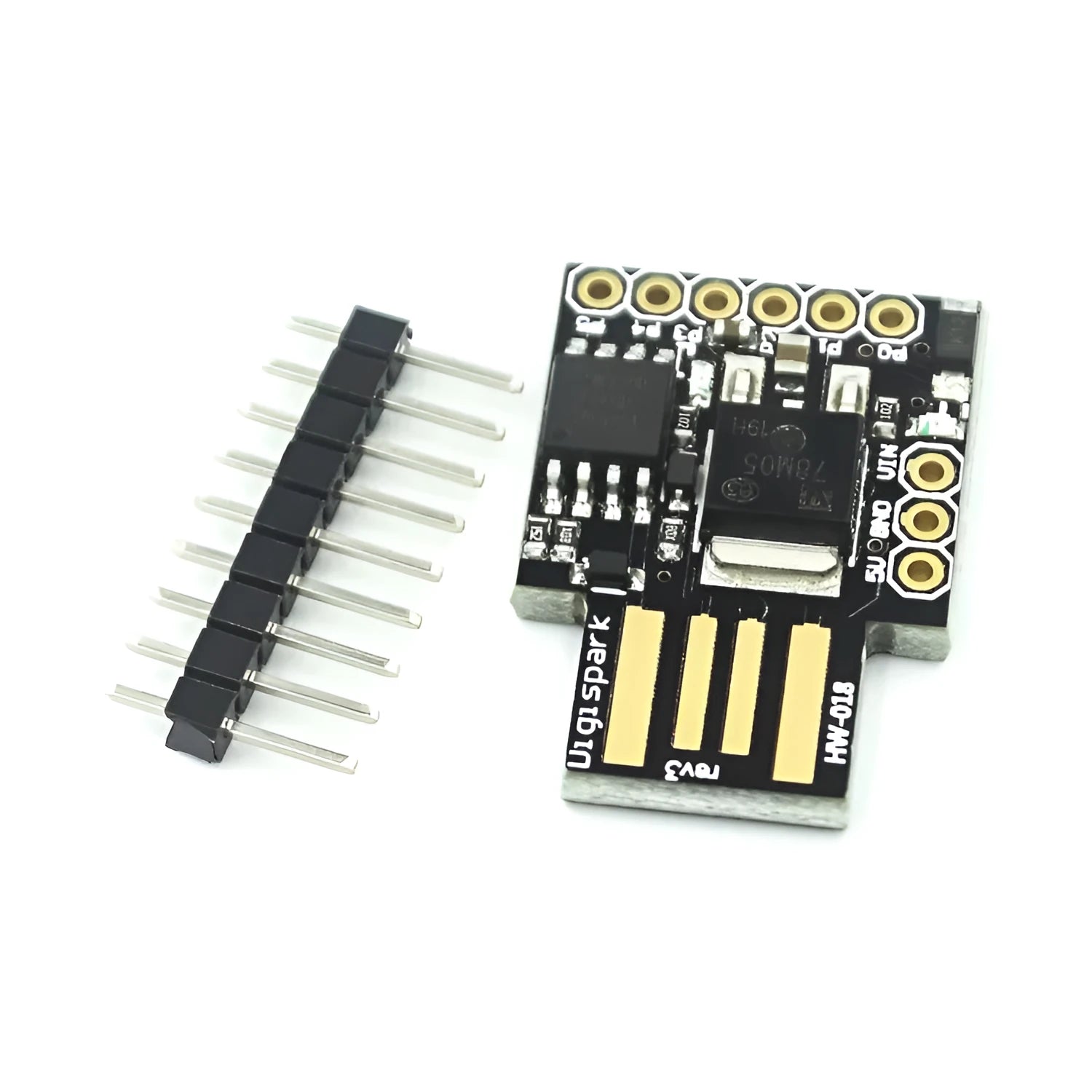 Black Micro USB development board with USB port, I/O pins, and power LED for Arduino IDE