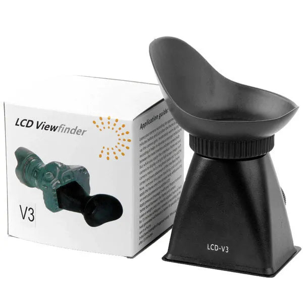 Black camera LCD viewfinder with magnification lens and magnetic mount for DSLR and mirrorless cameras.