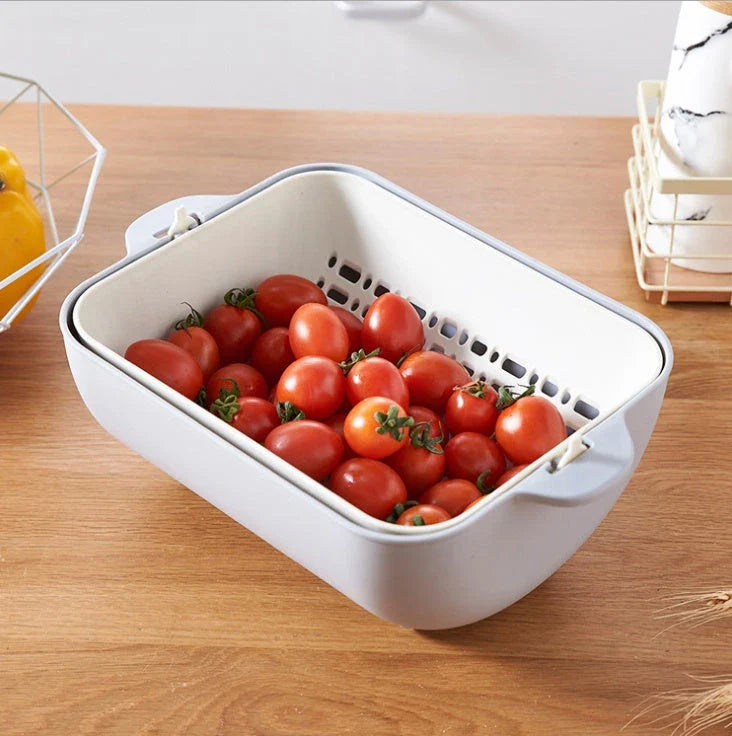Double-layer square flip drain basket for kitchen dishwashing, blue and gray options available