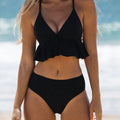 Women's solid colour split bikini swimsuit in polyester spandex fabric on a neutral background.
