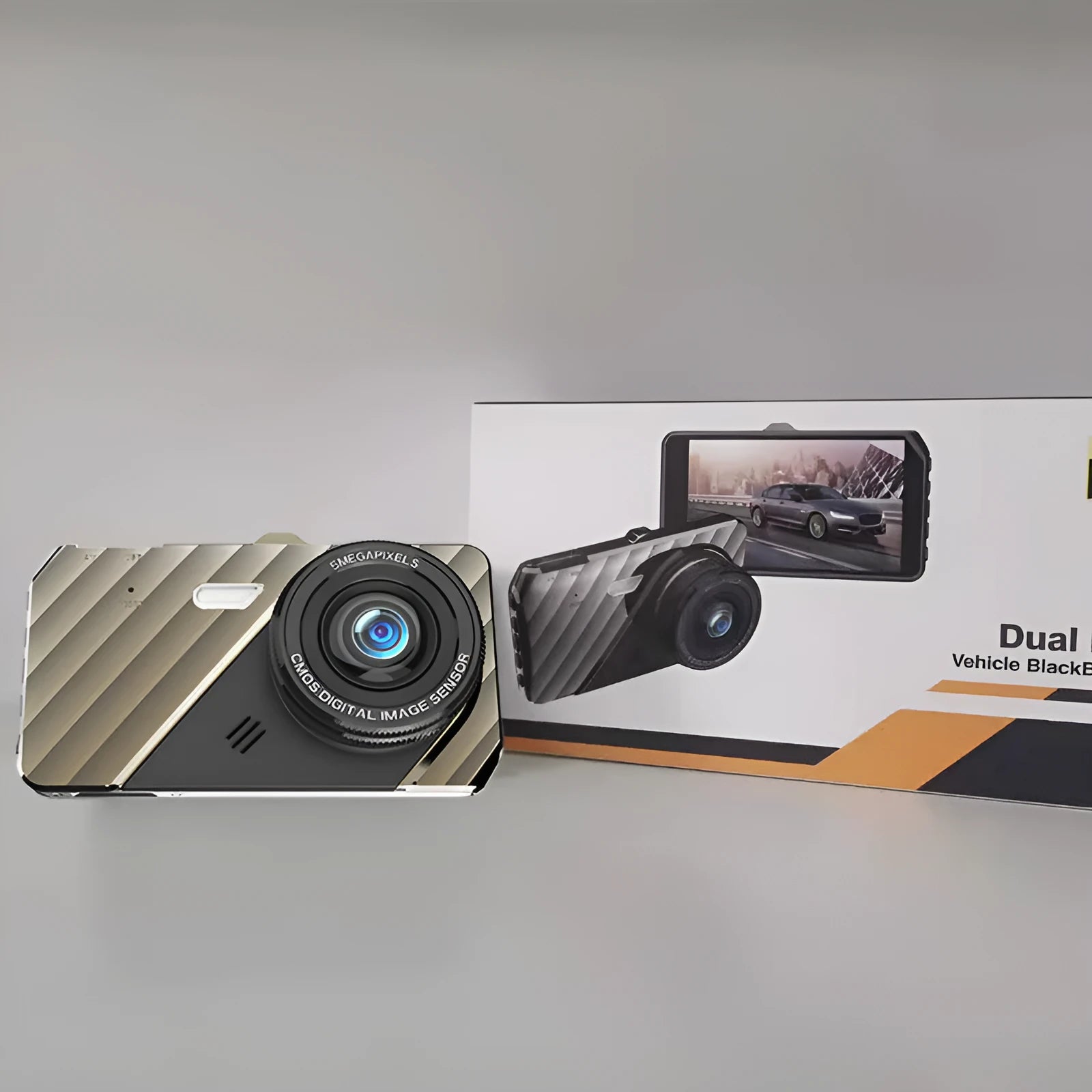 Black 4-inch touch screen dual lens car dashcam mounted on a windscreen