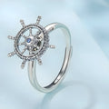 Retro rotatable rudder silver ring for women with inlaid zircon open mouth adjustable