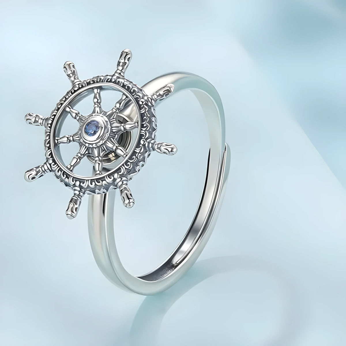 Retro rotatable rudder silver ring for women with inlaid zircon open mouth adjustable