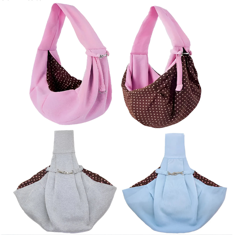 Foldable cotton and hemp pet shoulder bag in blue showing soft interior and adjustable strap
