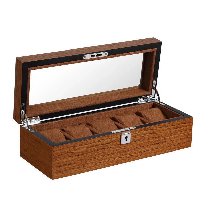 Matte wood grain lock watch storage box with 5 slots, brown finish