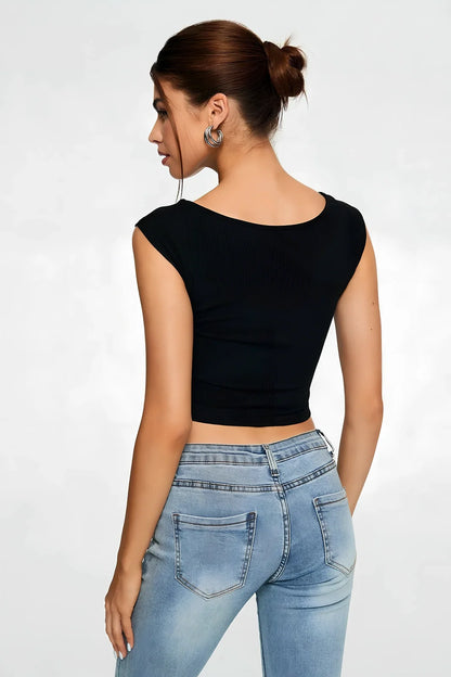 Black ribbed sleeveless crop top with sweetheart neckline, 90% polyester 10% spandex, sizes XS-XL