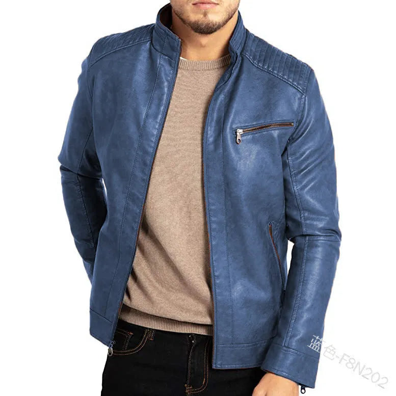 Men's brown artificial leather punk motorcycle jacket with stand collar and straight hem