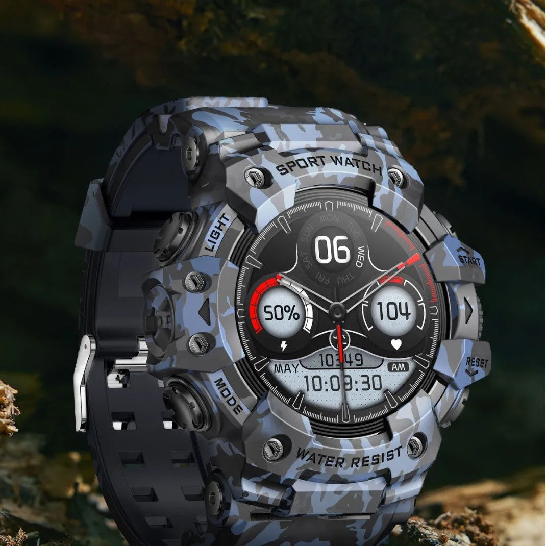 Outdoor sport smart watch with Bluetooth calling, IPS touch screen in Camouflage Blue, 57 x 59 x 20.5 mm