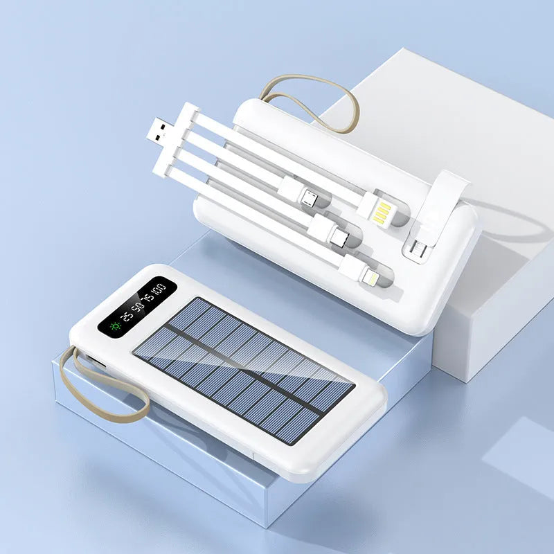 Cool black solar power bank showing its solar panel and output ports on a compact rectangular body.