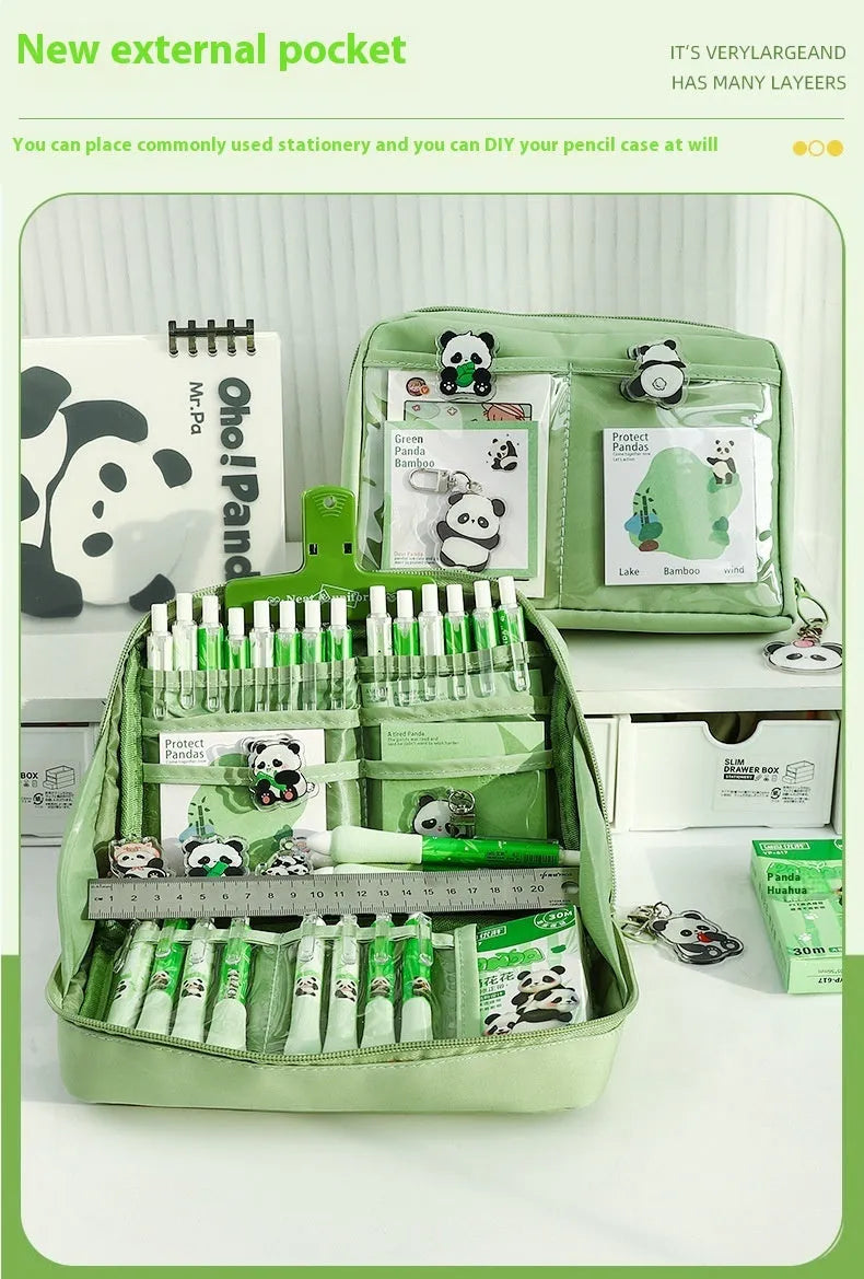 Green canvas 12-layer panda pencil case with zip closure, shown open to reveal compartments.