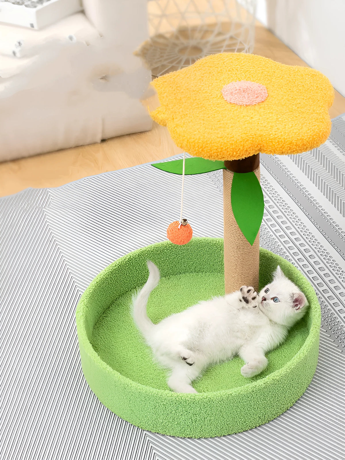 Cat scratcher with sisal winding, solid wood bottom, and teasing toys in pink love colour option
