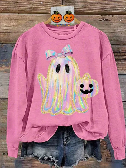 Women's grey Halloween sweatshirt with raised orange pumpkin 3D print, crew neck, long sleeves