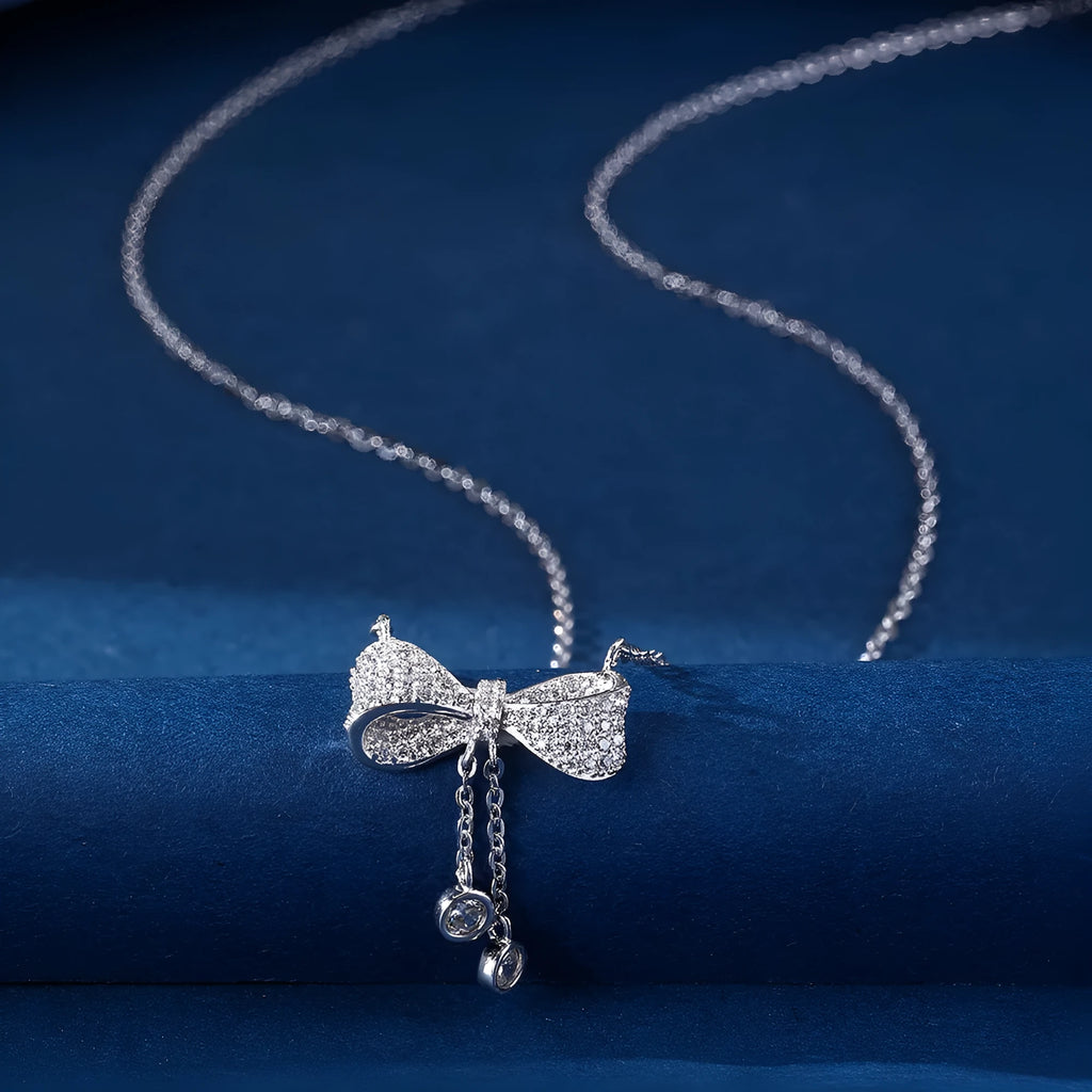 S925 sterling silver bow pendant necklace with O-ring chain, silver colour, 40-45cm adjustable length