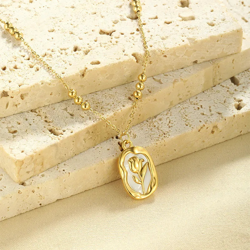 Simple rose white shell flower pendant necklace on regular chain for women, stainless steel with 18K electroplated finish