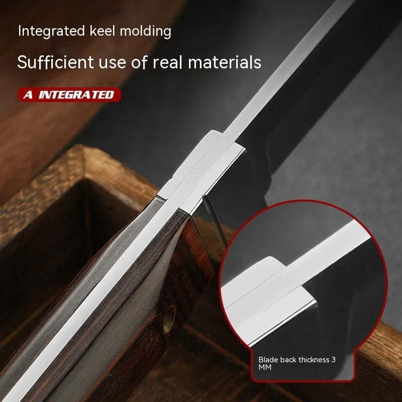 Camping multifunctional portable fruit knife with stainless steel blade and brown leather case.