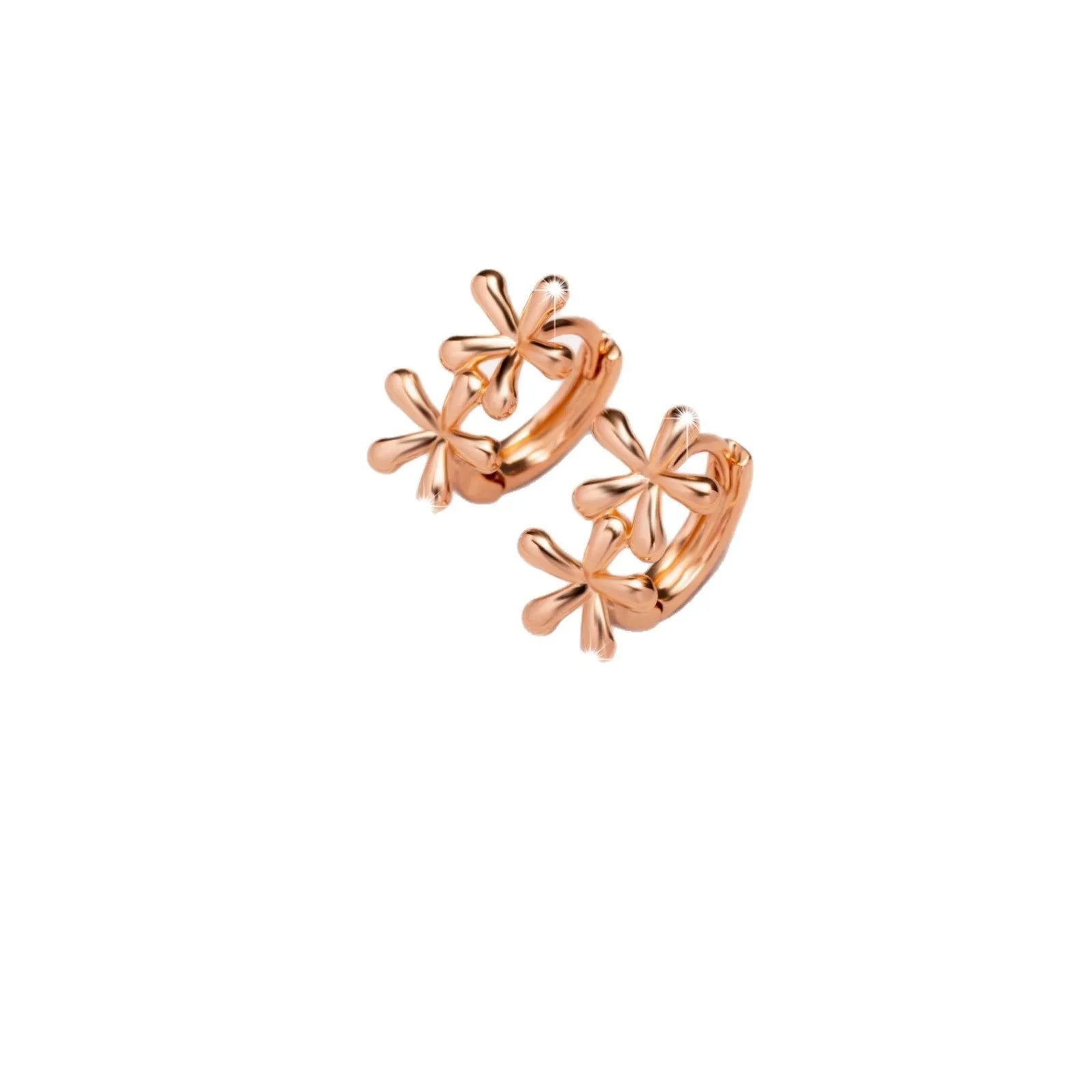 Rose gold circular earrings with a waterdrop flower design.
