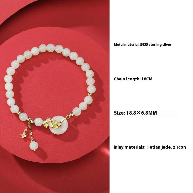 Osmanthus peace buckle bracelet with natural Hetian jade beads and 925 sterling silver setting