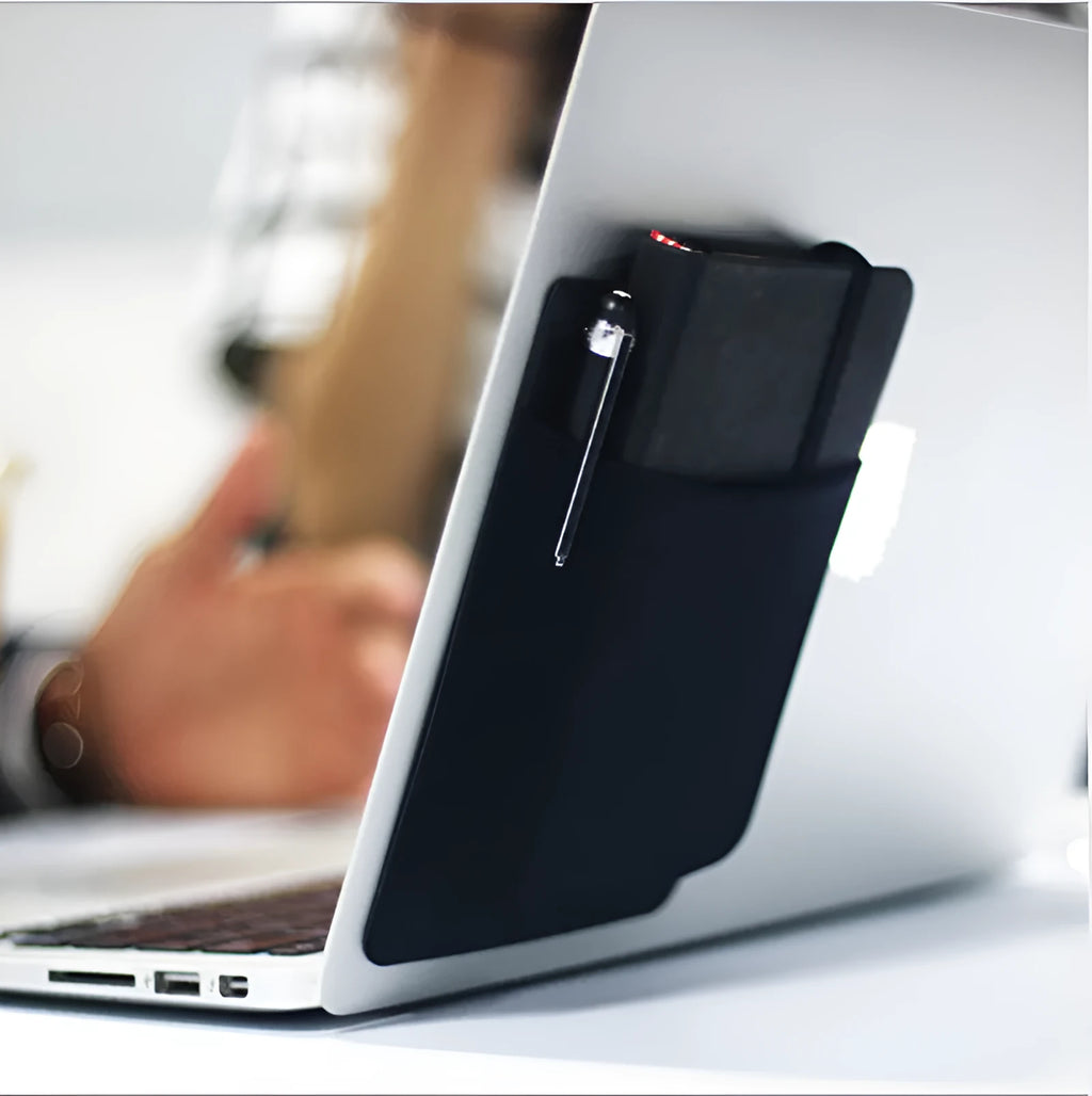 Black adhesive laptop back storage bag with pen loop, 15x12cm, stuck to laptop back