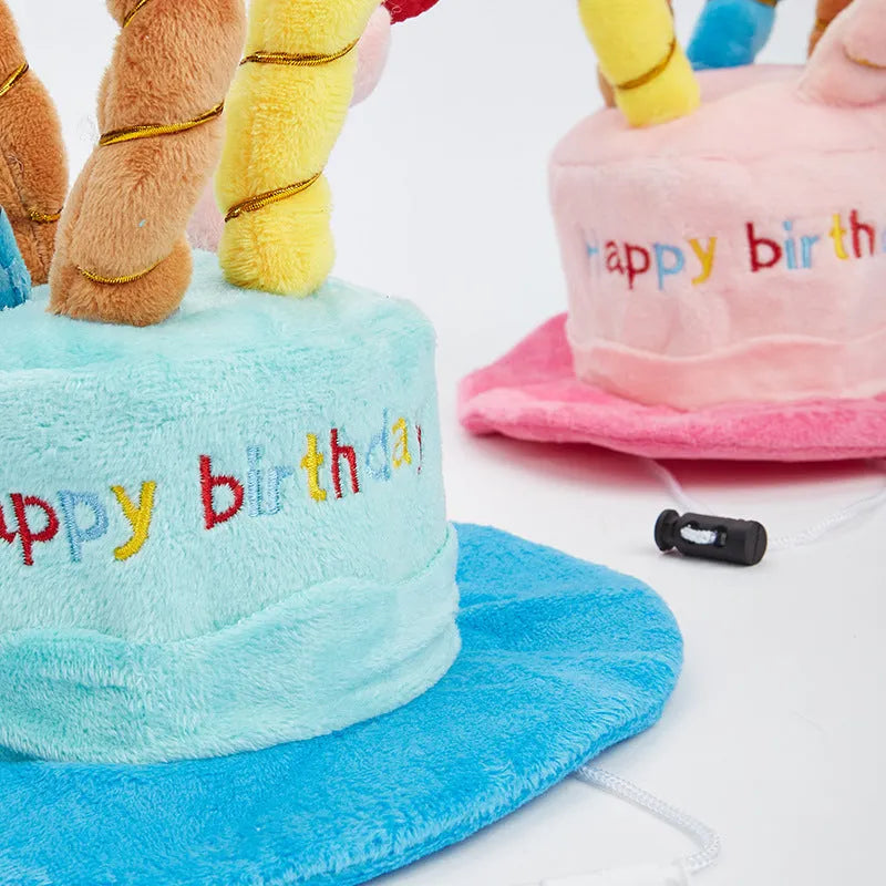 Blue or pink soft fabric birthday hat for toy dogs measuring 21cm wide