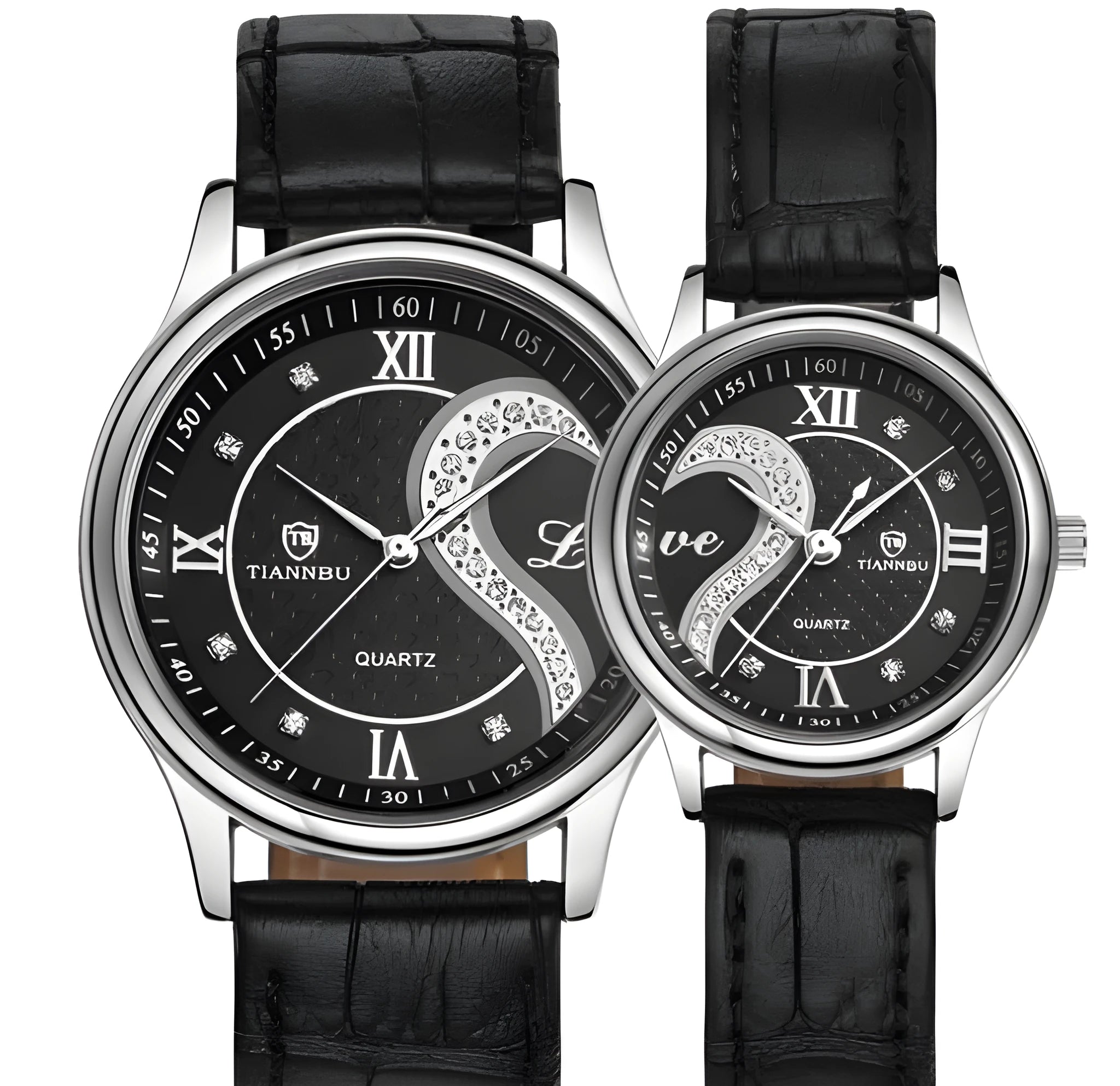 Belt couple watch pair with alloy case, double skin strap, mineral glass, men's 4cm and women's 3cm case sizes