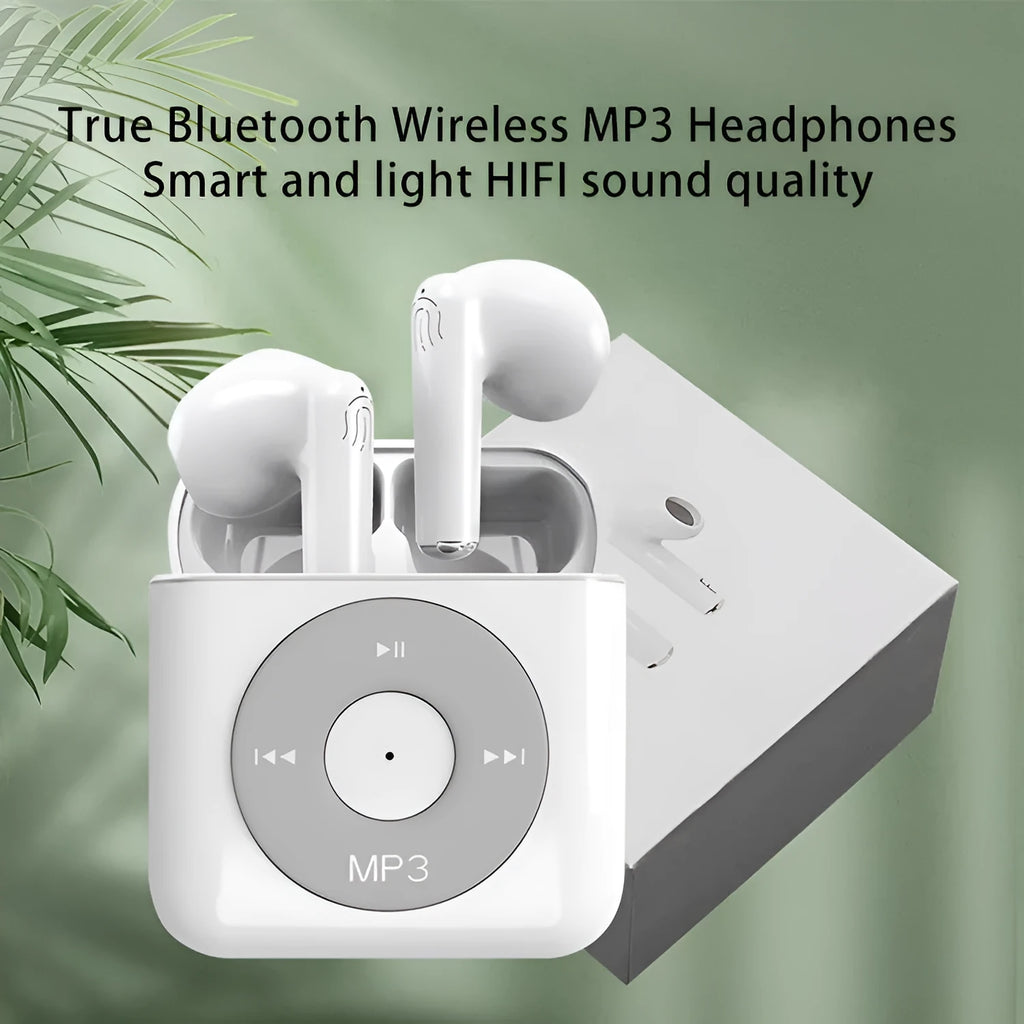White wireless Bluetooth semi in-ear earphones with charging case on a white background.