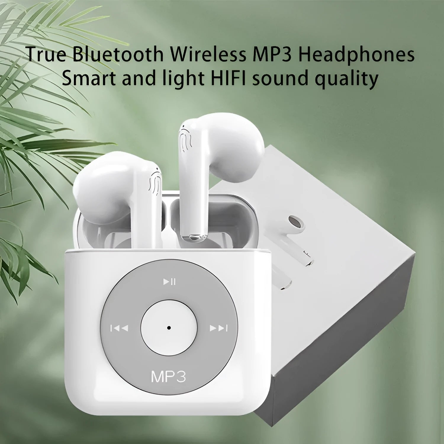 White wireless Bluetooth semi in-ear earphones with charging case on a white background.