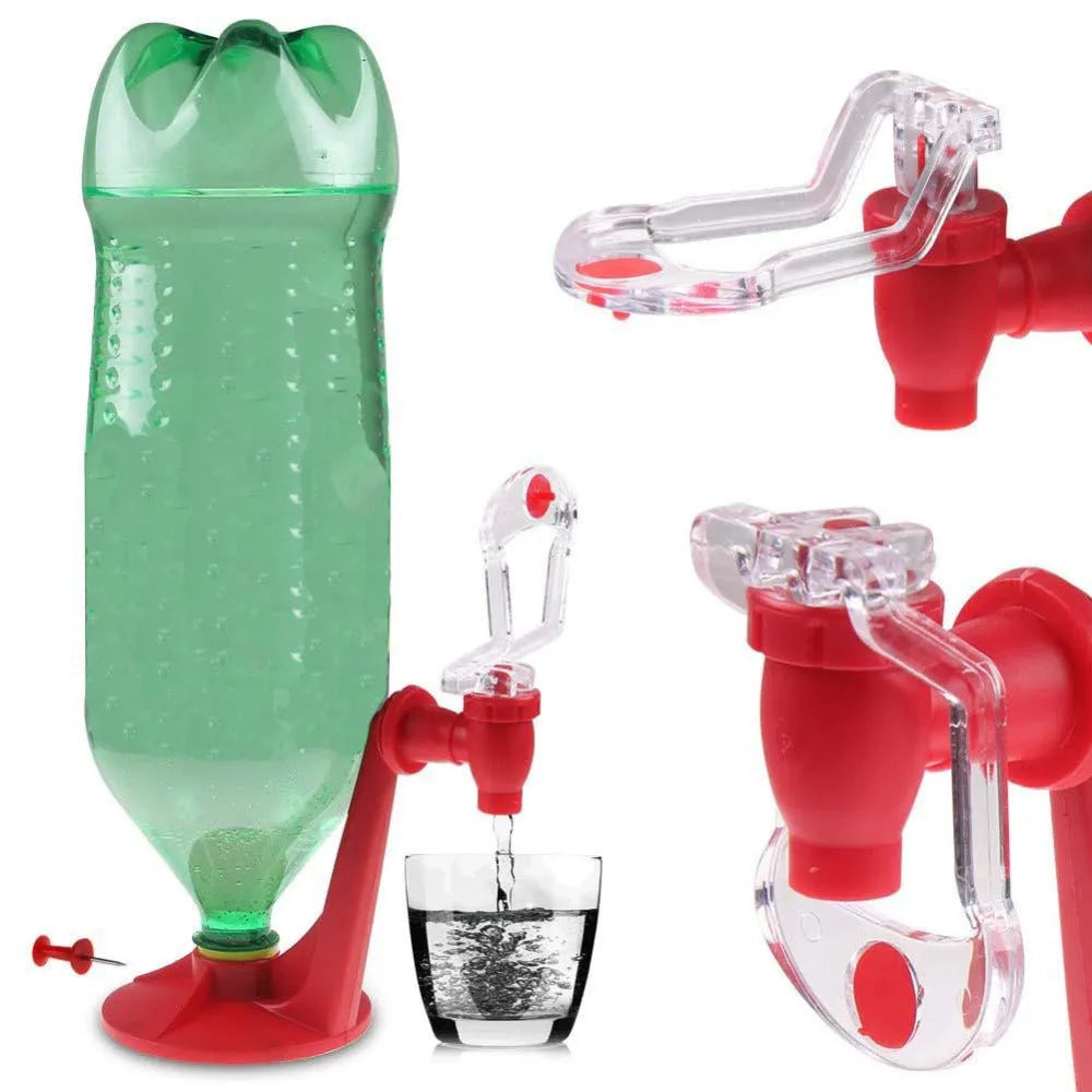 Red plastic Magic Tap soda dispenser for 2-liter bottles with push-button mechanism