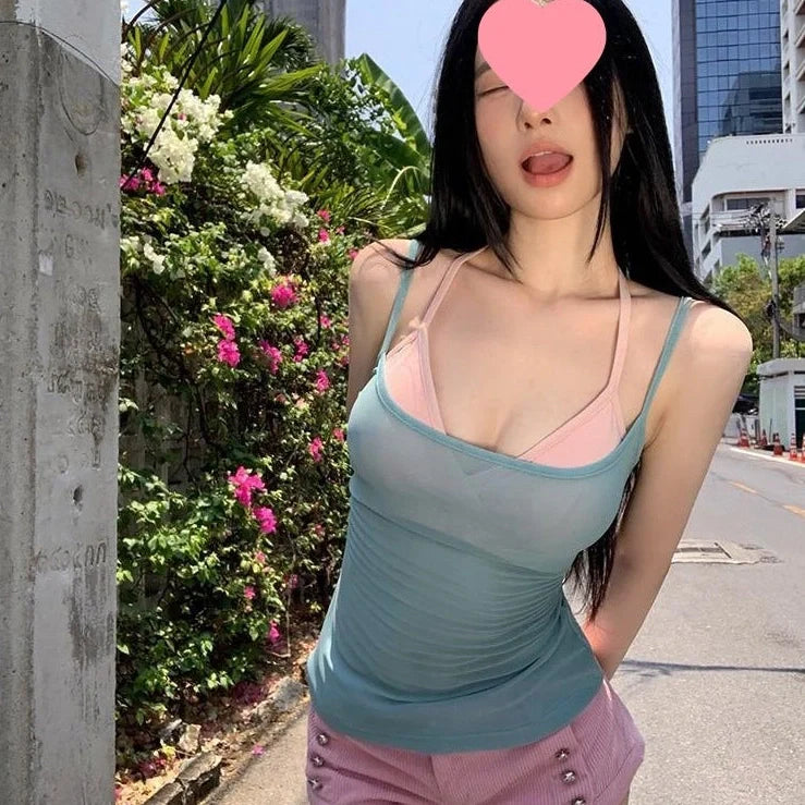 Short sleeveless see-through top in polyester fabric showing no back design