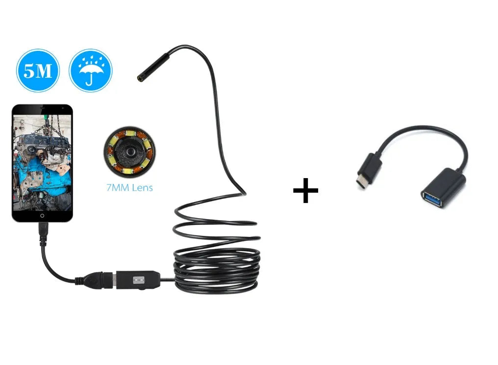 OWSOO USB endoscope with flexible cable, camera head, LED lights, hook, magnet, and mirror for phone and computer inspection.