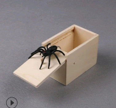 Wooden Scare Box with lifelike prank spider for April Fools' Day fun