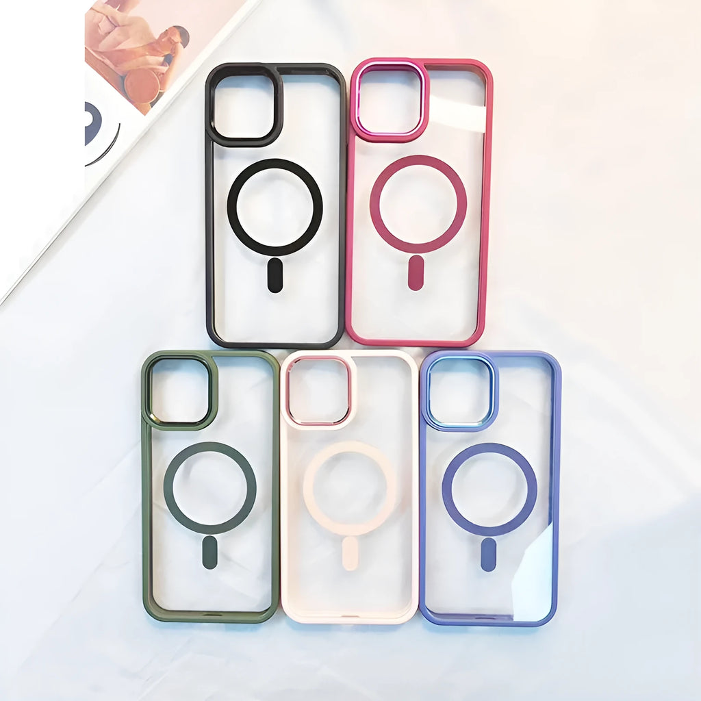 Magnetic transparent silicone phone case for iPhone in assorted solid colours on a white background.