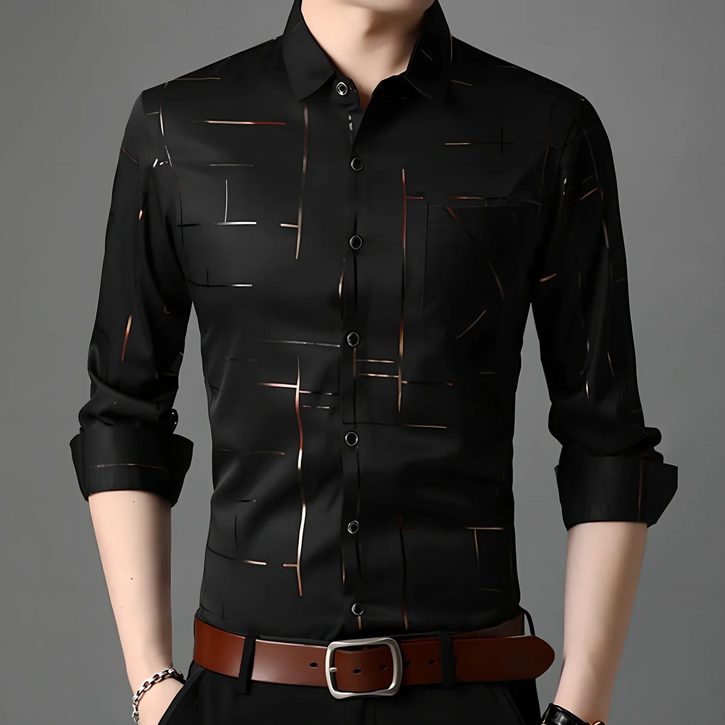 Slim fit men's long-sleeved lapel shirt dress in black with gold stripes, bust 100 cm size M