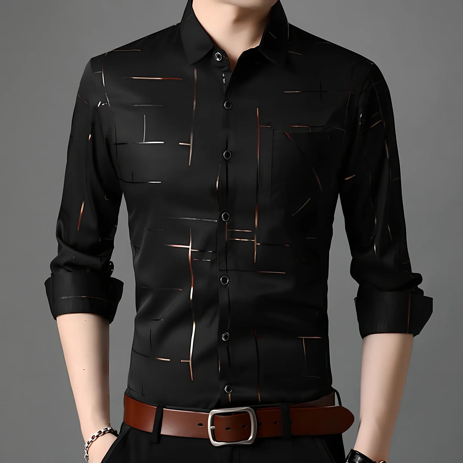Slim fit men's long-sleeved lapel shirt dress in black with gold stripes, bust 100 cm size M