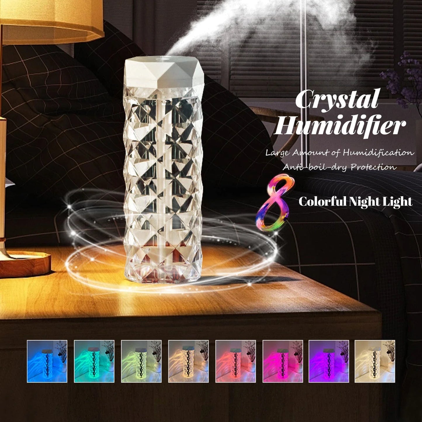 Crystal Lamp Humidifier with Soothing Mist, Color-Changing Ambient Lighting, and Elegant Rose Design