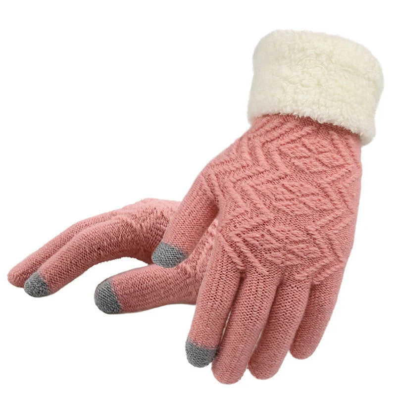 Women's winter knitted gloves in Jacquard design, available in purple, pink, grey, and black