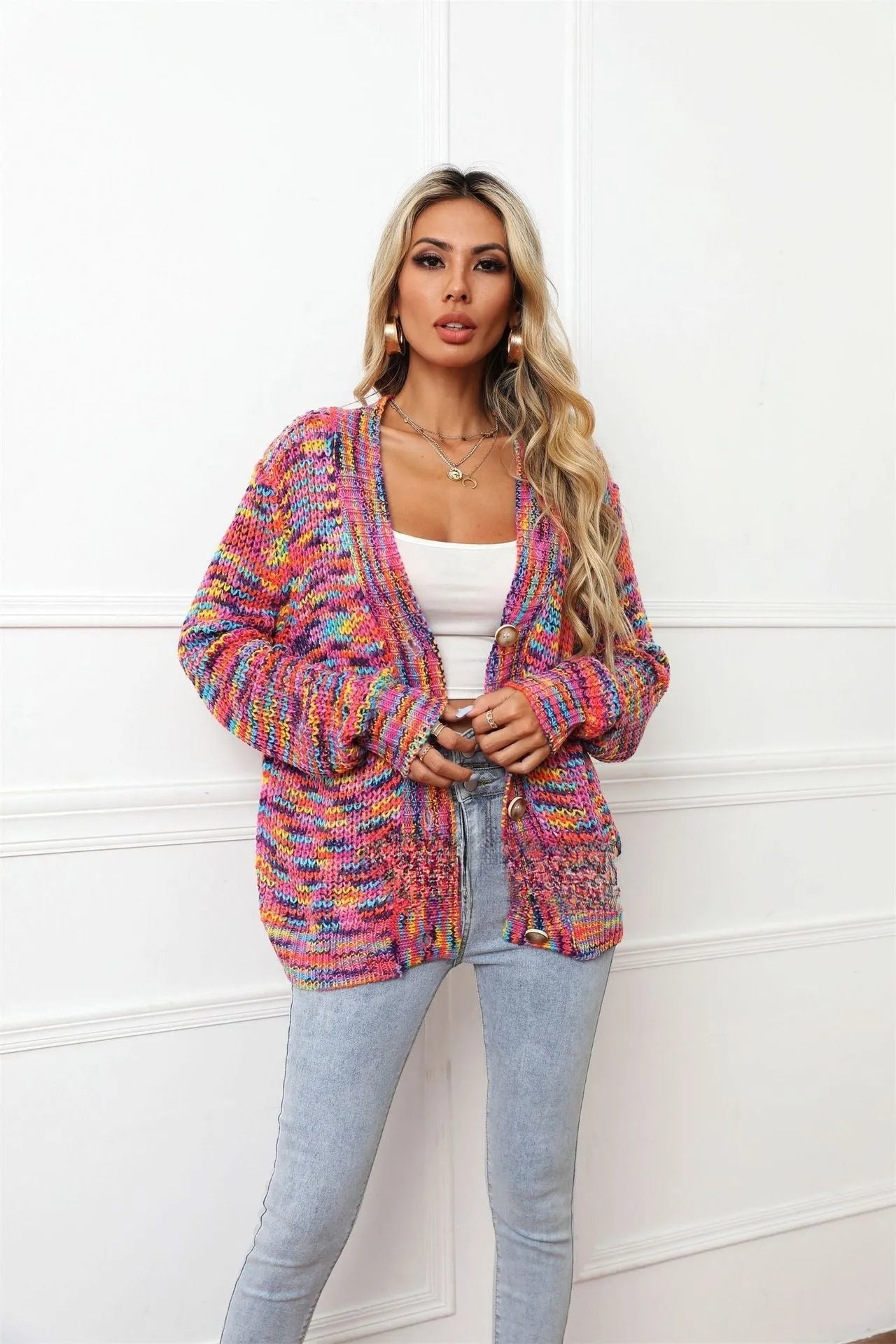 Rose red rainbow mixed colour festival cardigan knitted coat with loose street fashion fit