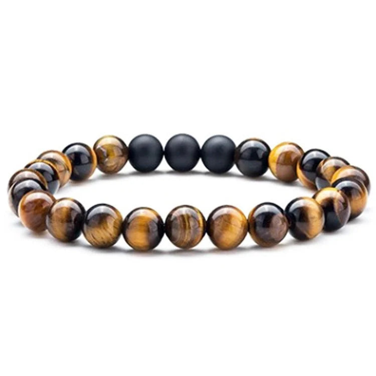 Tiger Eye Couple Bracelets with matte black agate beads, modern geometry design
