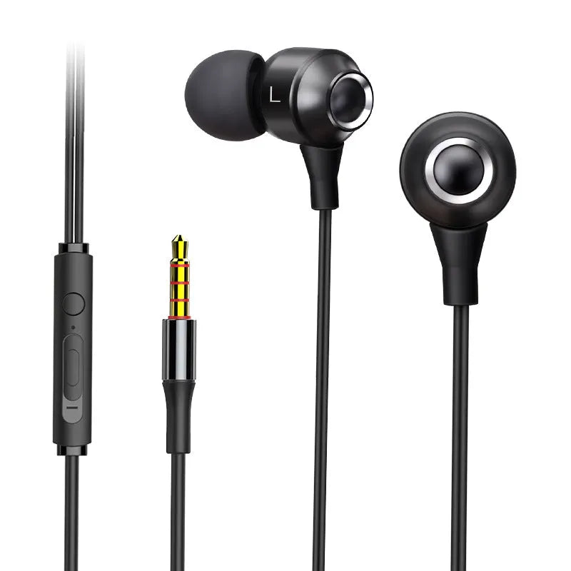 Wired in-ear headphones with silicone earplugs, 3.5mm plug and built-in microphone on a white background